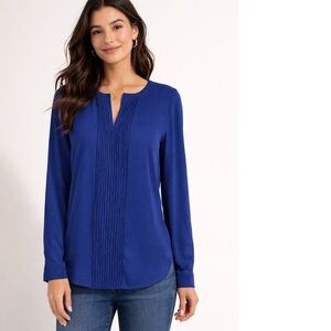 Talbots Cobalt Blue Pintuck Blouse Petite Medium Long Sleeve Split Neck Top